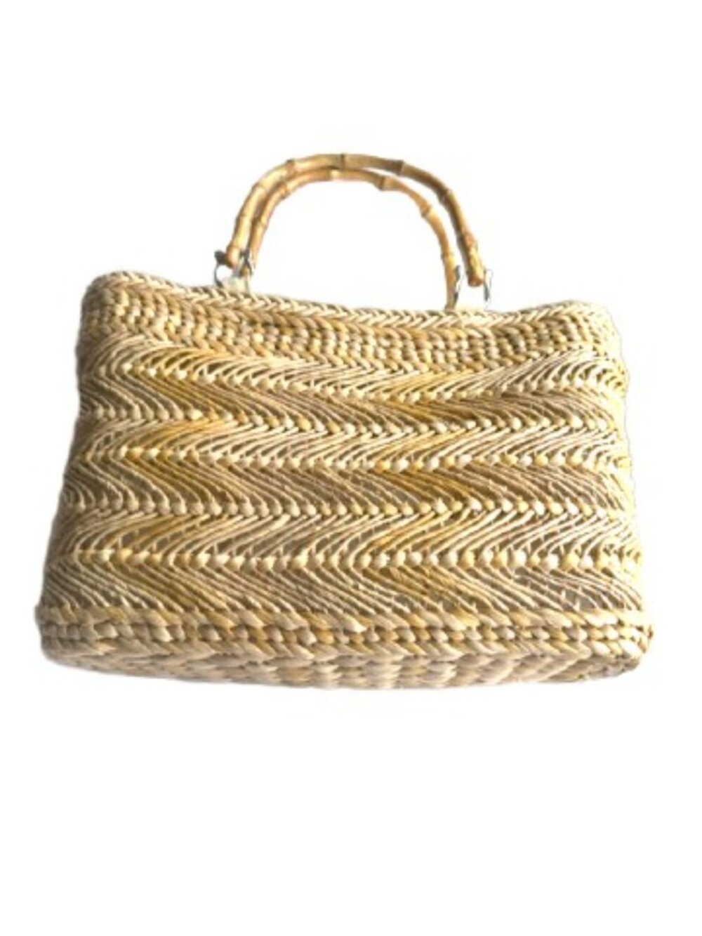 Cornhusk Woven Straw Tote Purse Bamboo Handles Zip Top Coastal Bag